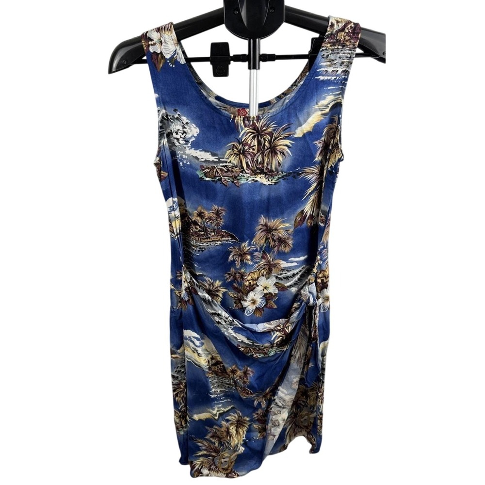 Vintage Hilo Hattie Hawaiian Dress Blue Tropical Print Rayon Sleeveless Size S